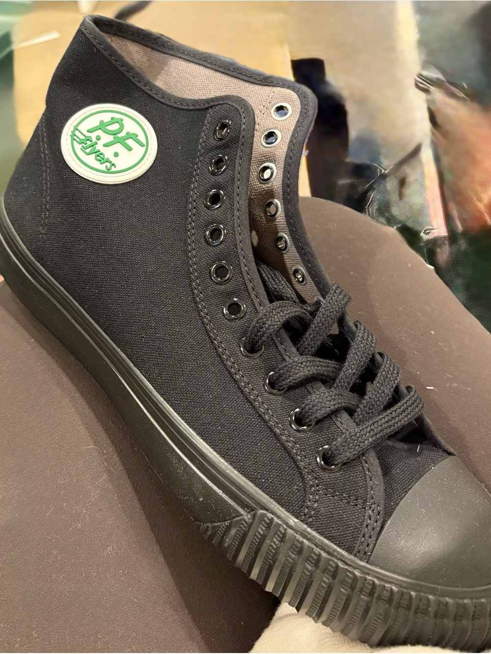 P.F. Flyers Black High-Top Canvas Sneaker with Green Logo